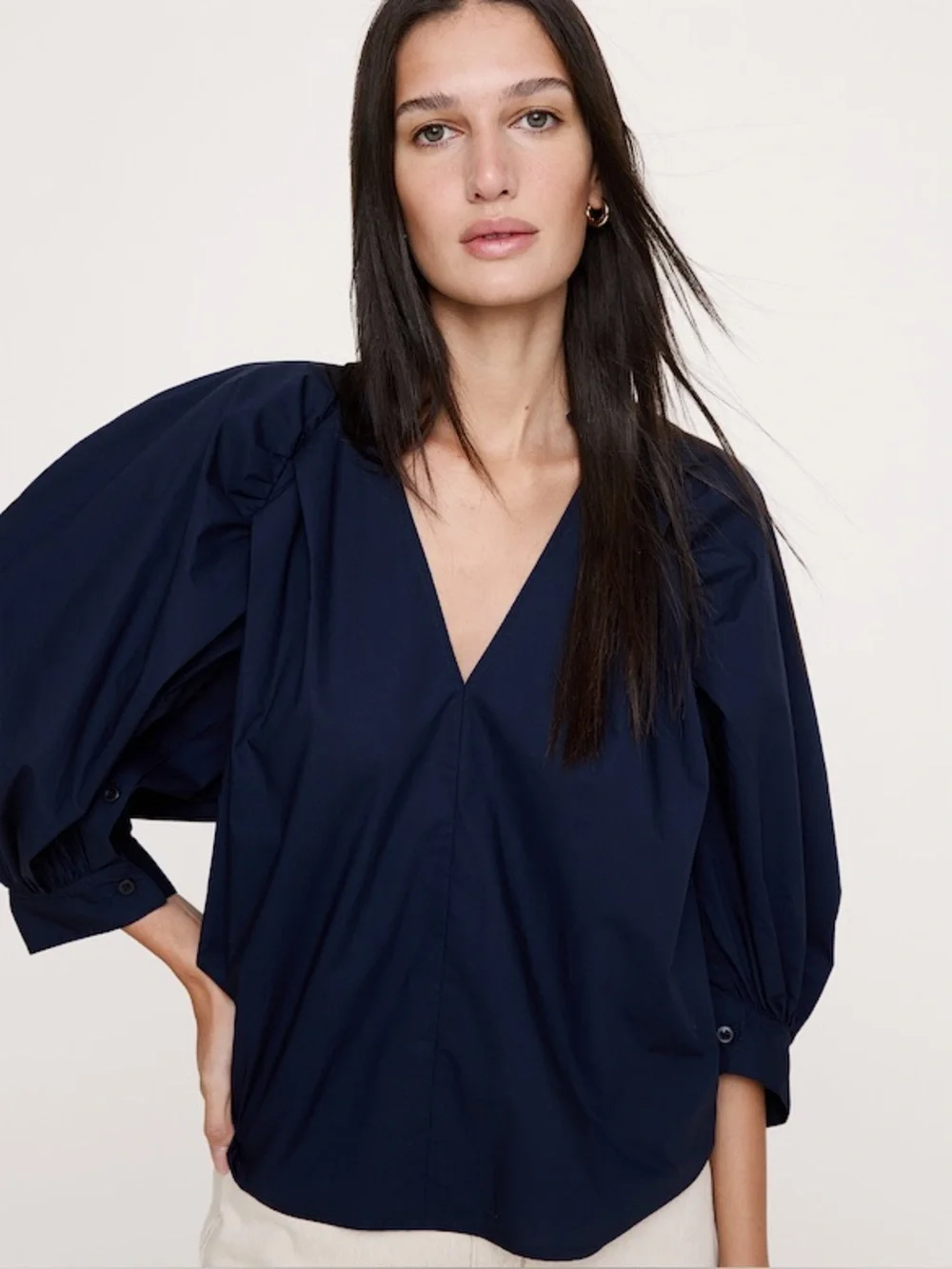 Banana Republic Balloon Volume Puff Sleeve Cotton Poplin Blouse Top Black Split
